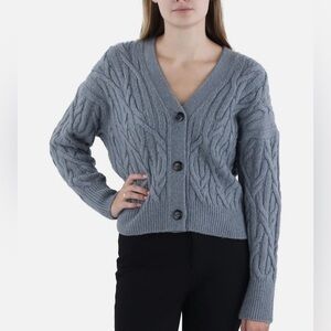 Vince Interlocking Cable Cashmere Blend Cardigan in Light Slate Tide Pool XL